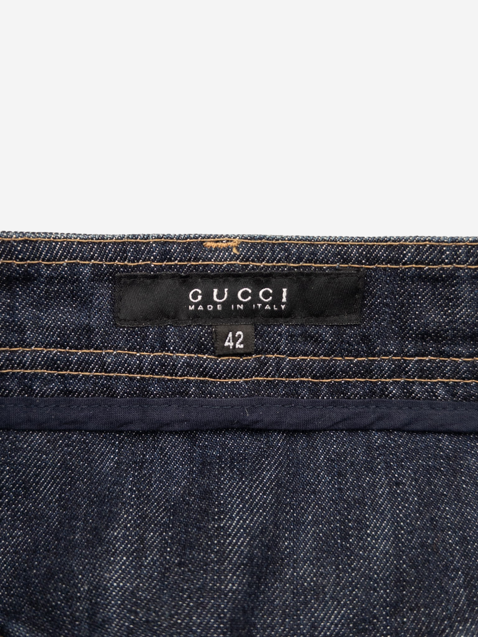 Gucci by Tom Ford SS04 Pleated Denim Midi-Skirt – brand and size label