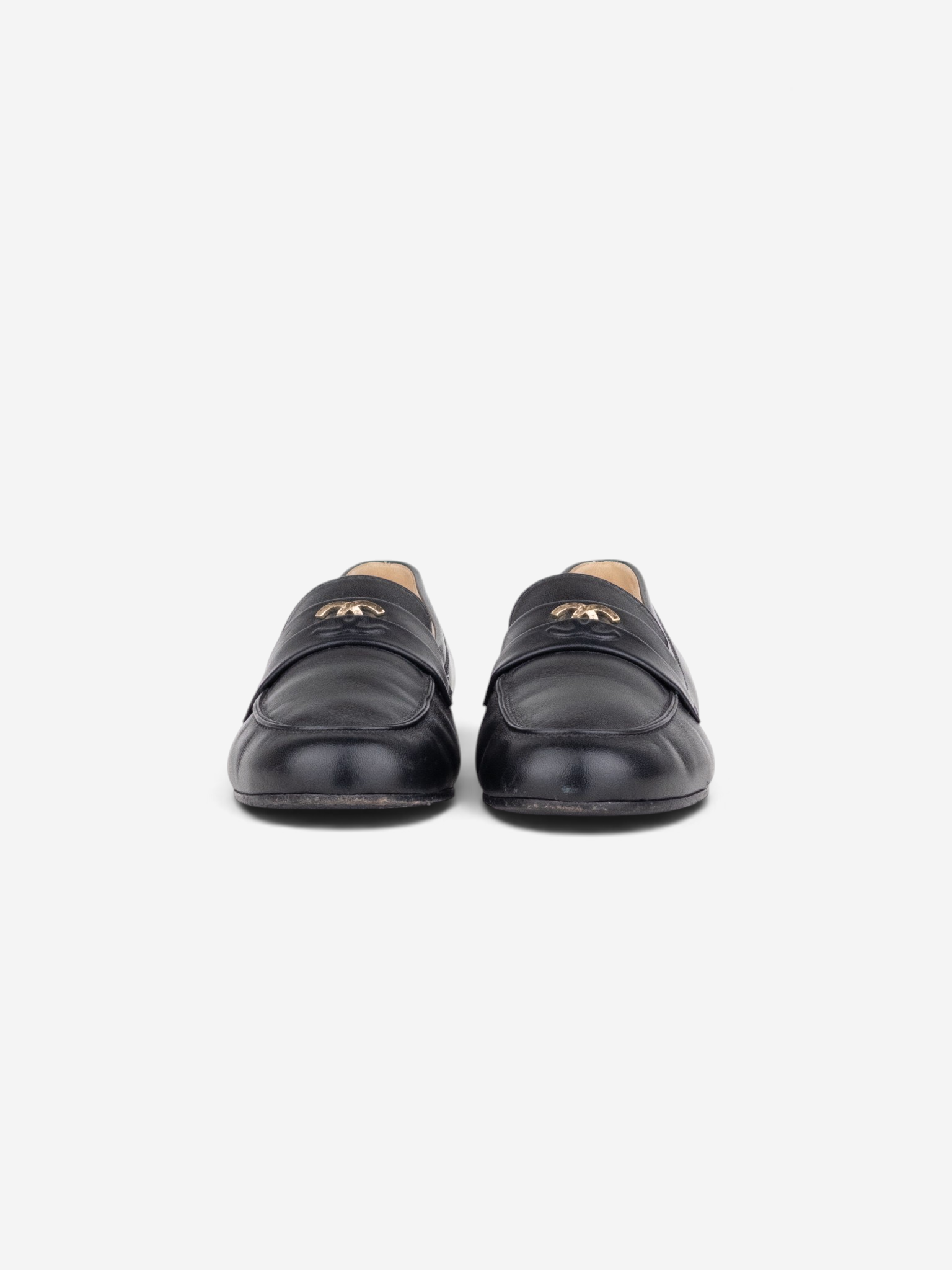 Chanel CC Logo Moccasin Penny Loafers – pair front view