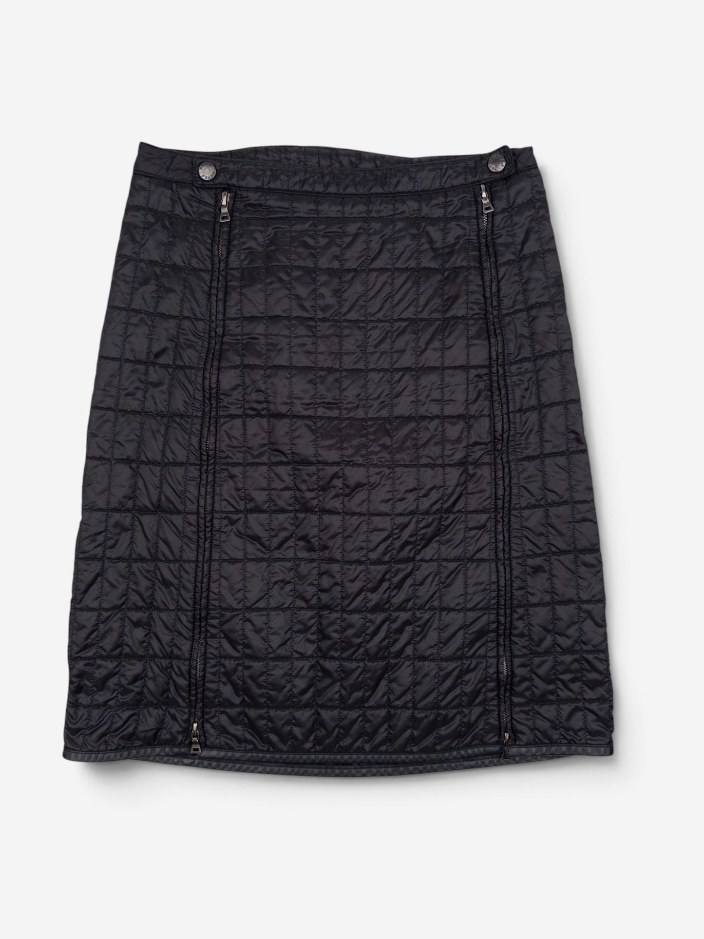 Prada AW99 Linea Rossa Red Tab Padded Quilted Zipper Midi Skirt – front view