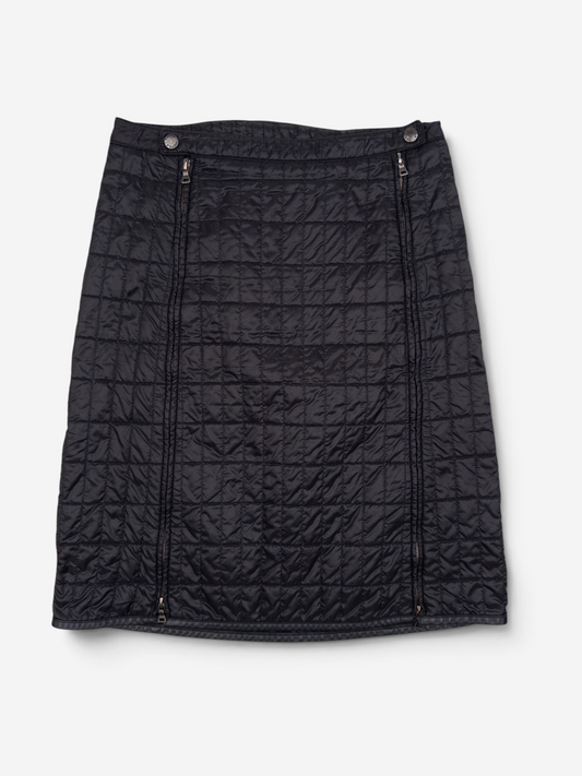 Prada AW99 Linea Rossa Red Tab Padded Quilted Zipper Midi Skirt – front view