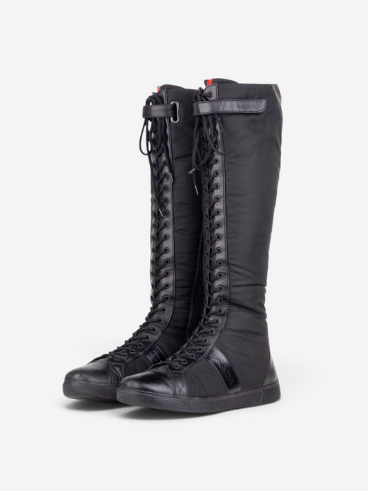 Prada 2000s Knee-High Boxing Racing Lace-Up Sneaker Boots – front view