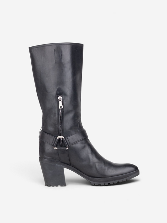 Prada 2000s Knee-High Harness Buckle Biker Cowboy Boots – side view with zipper