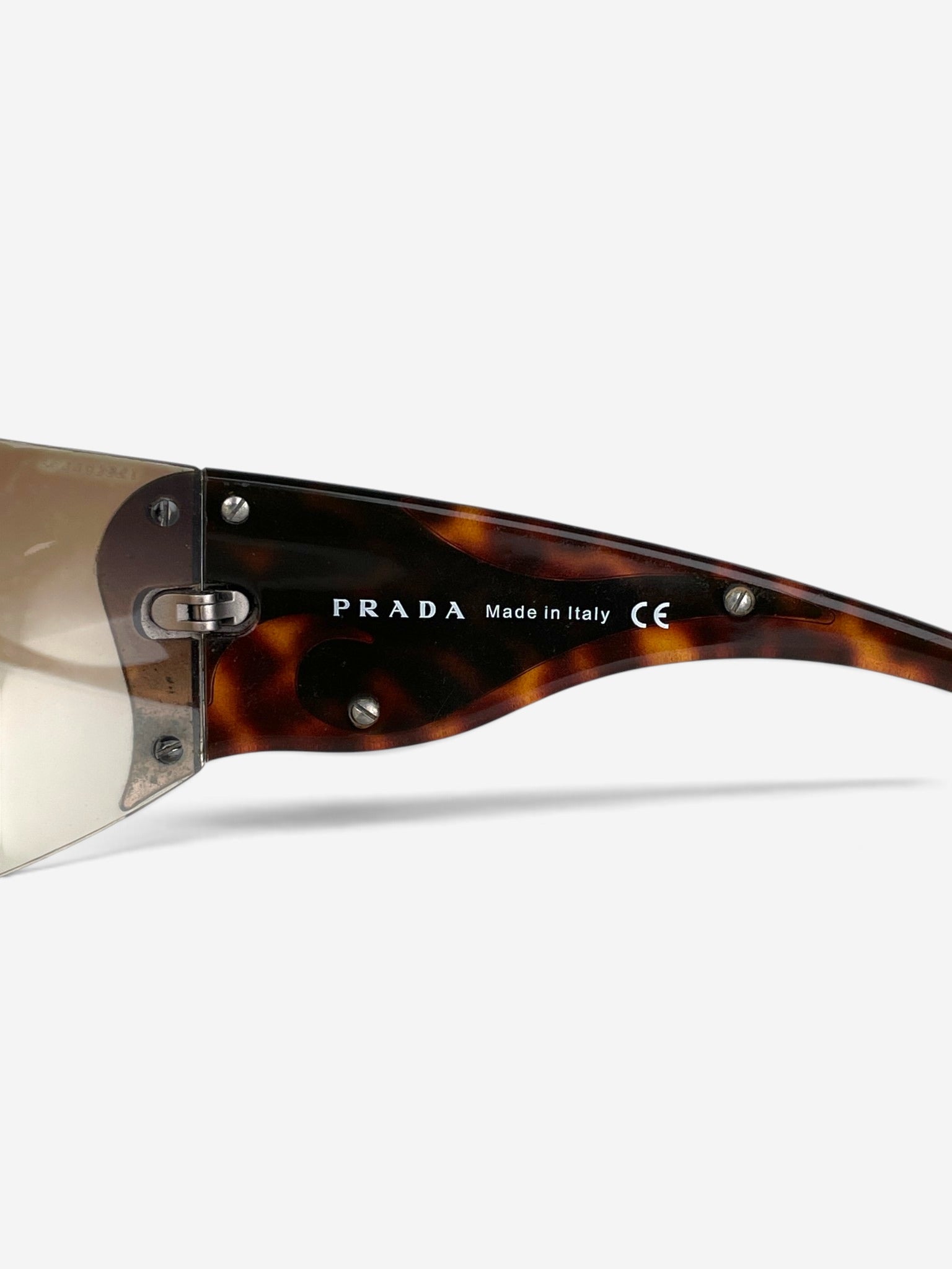 Prada SS04 'SRP58F' Flame Wrap Mask Shield Sunglasses (tortoise) – brand marking detail