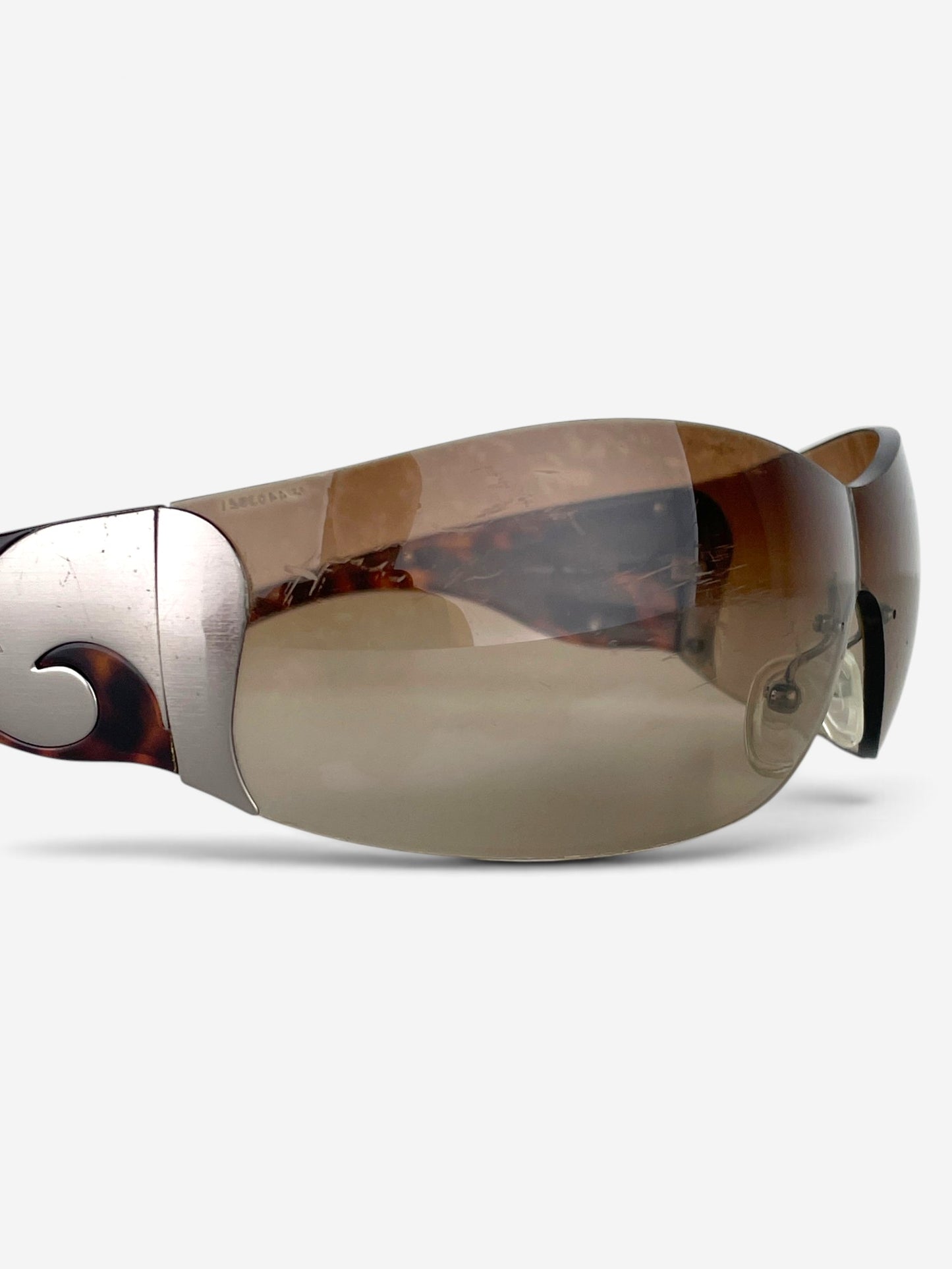 Prada SS04 'SRP58F' Flame Wrap Mask Shield Sunglasses (tortoise) – flame temple and lens detail
