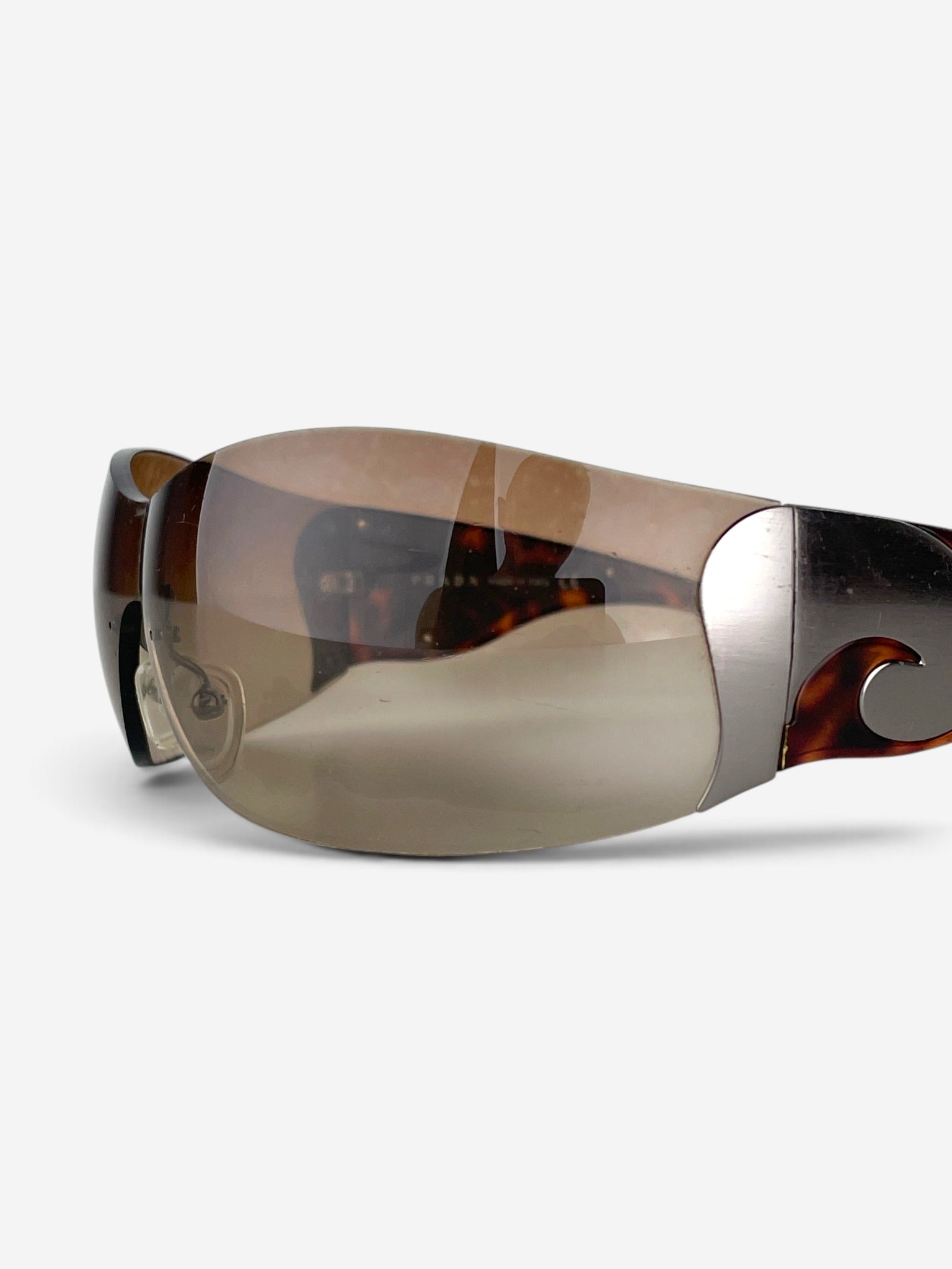 Prada SS04 'SRP58F' Flame Wrap Mask Shield Sunglasses (tortoise) – lens and temple detail