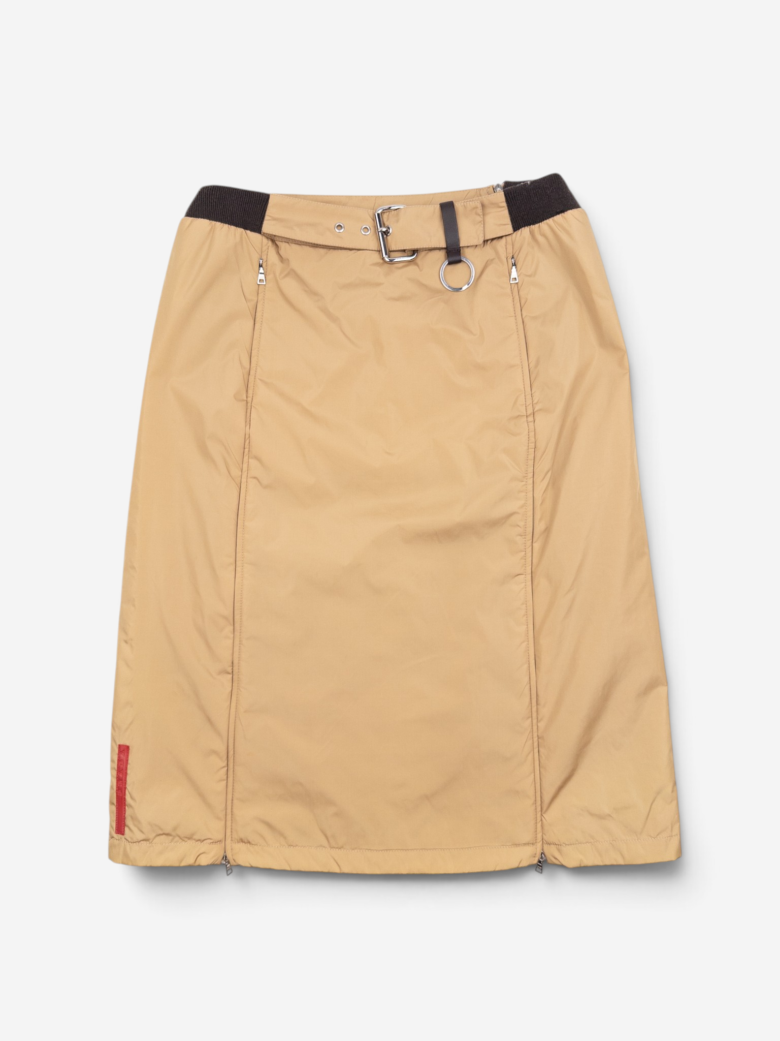 Prada AW99 Linea Rossa Red Tab Double Zipper Midi Skirt – front view
