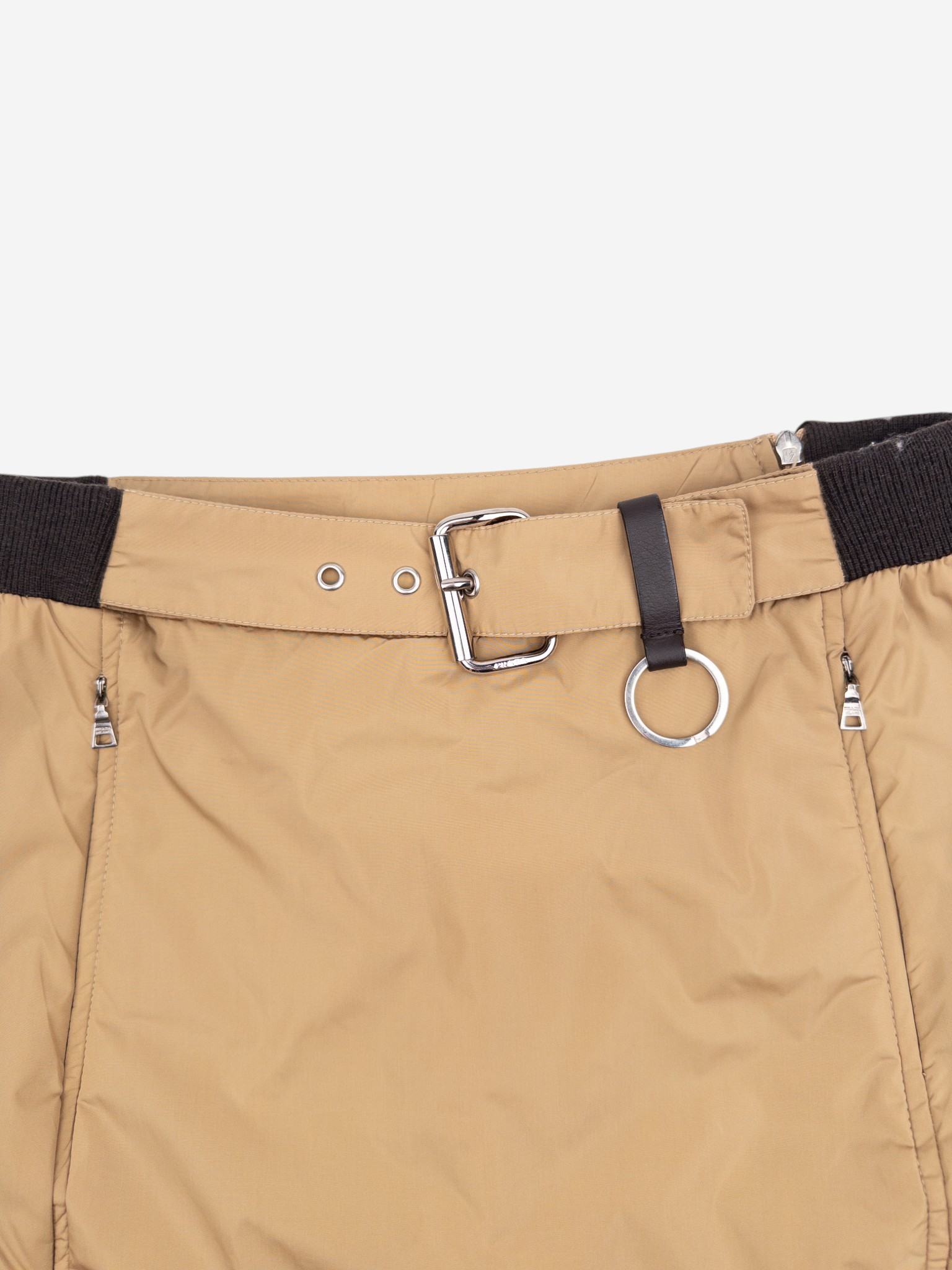 Prada AW99 Linea Rossa Red Tab Double Zipper Midi Skirt – belt and buckle detail