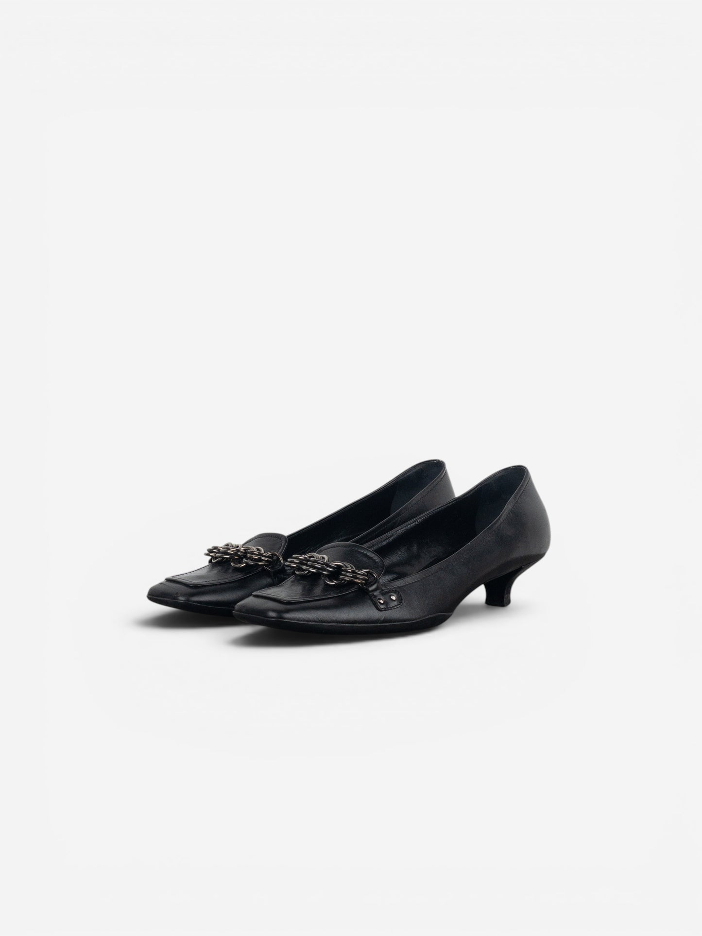 Prada 2000s Square Toe Chain Loafer Pump Kitten Heels
