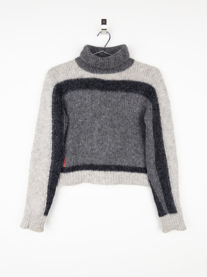 Prada 2000s Red Tab Geometric Fuzzy Knit Turtleneck Sweater