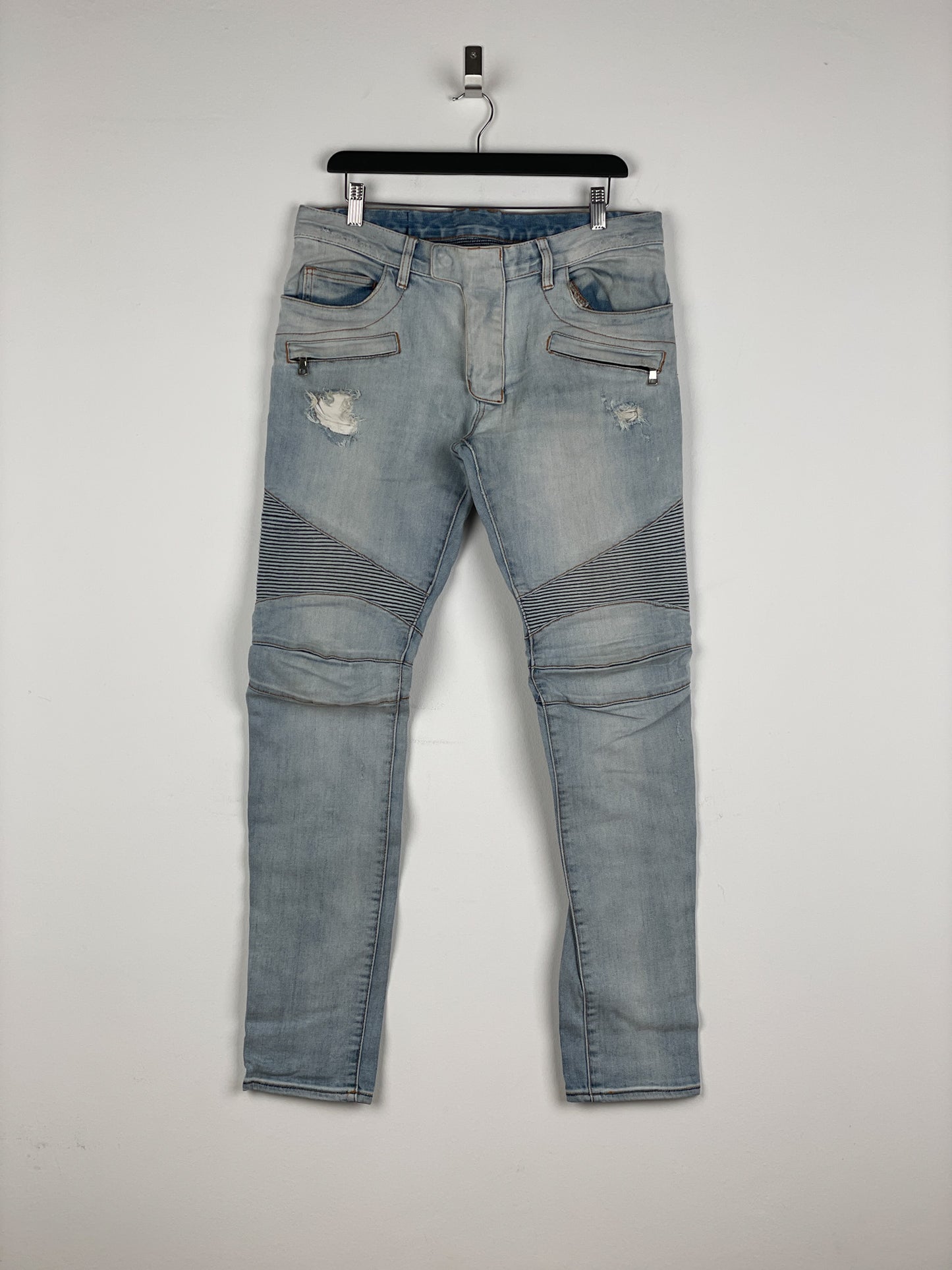 Balmain Light-Wash Distressed Biker Denim Jeans