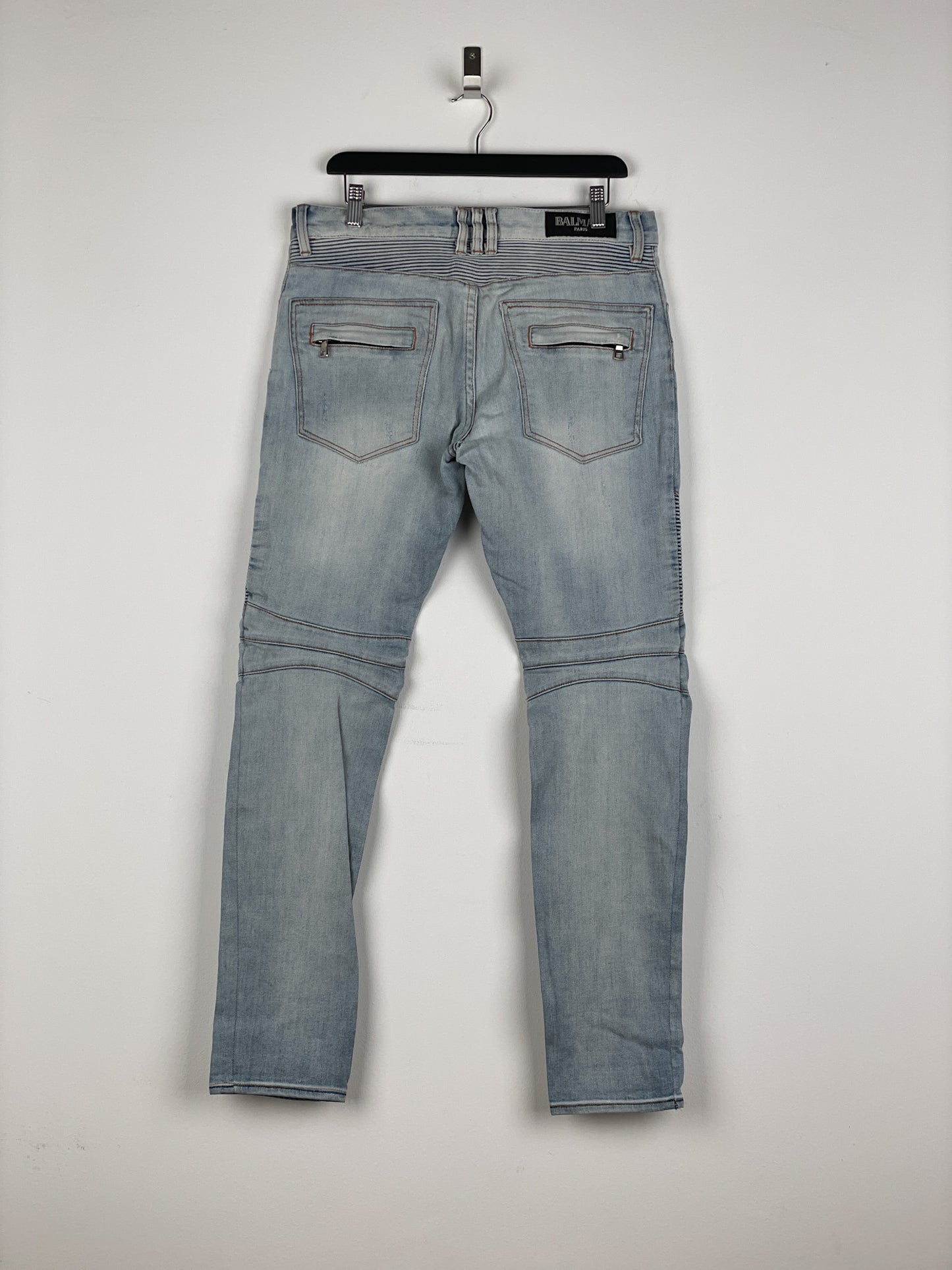 Balmain Light-Wash Distressed Biker Denim Jeans