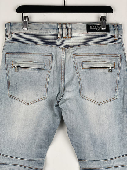 Balmain Light-Wash Distressed Biker Denim Jeans