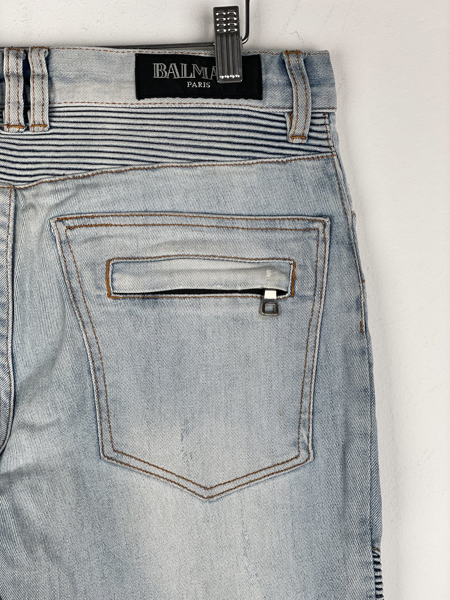 Balmain Light-Wash Distressed Biker Denim Jeans