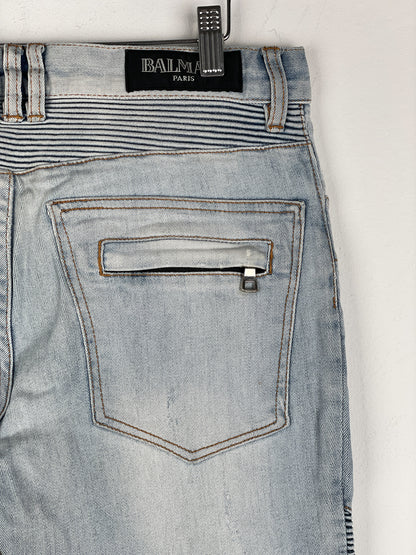 Balmain Light-Wash Distressed Biker Denim Jeans