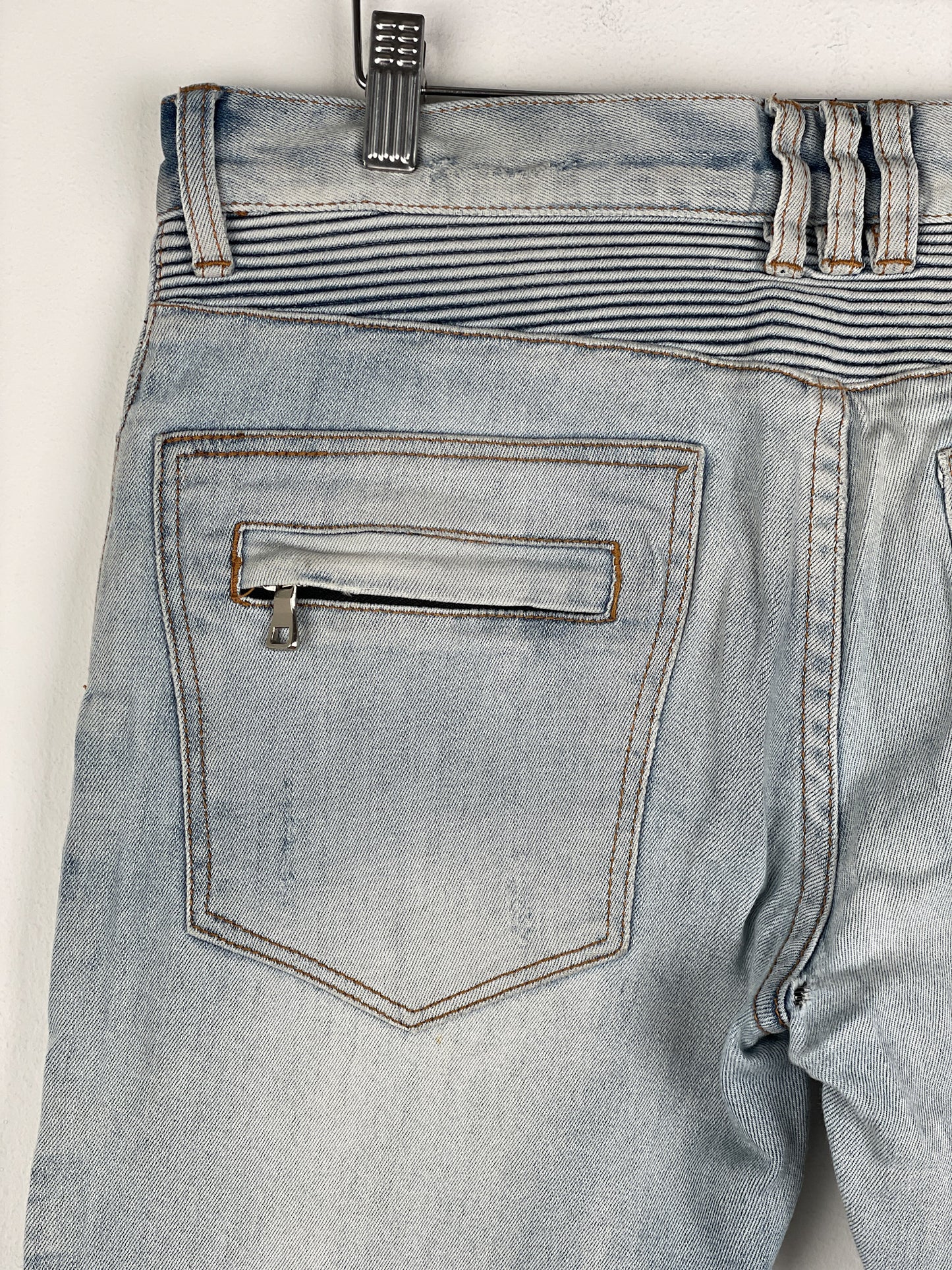 Balmain Light-Wash Distressed Biker Denim Jeans
