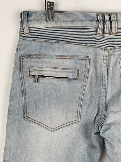 Balmain Light-Wash Distressed Biker Denim Jeans