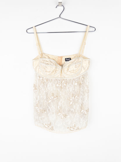Dolce & Gabbana 2000s Gold-Colored Lace Butterfly Bustier Top