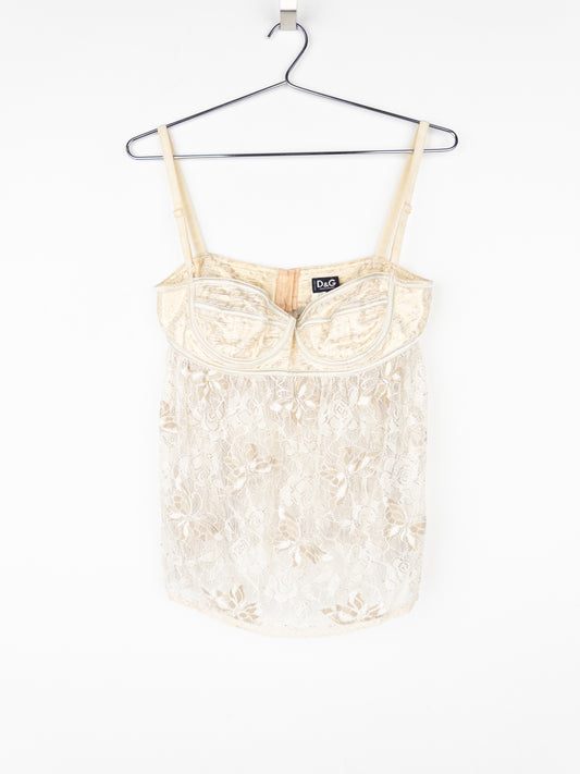 Dolce & Gabbana 2000s Gold-Colored Lace Butterfly Bustier Top