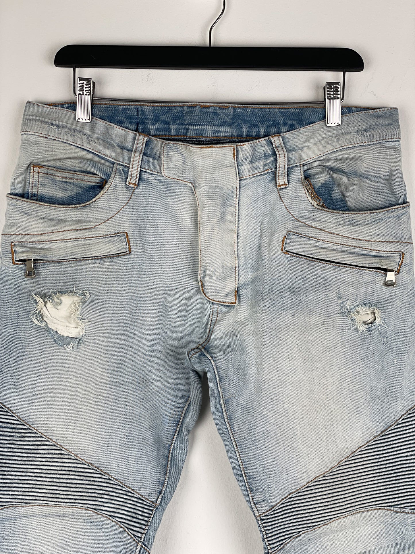 Balmain Light-Wash Distressed Biker Denim Jeans