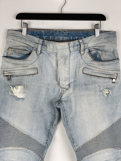 Balmain Light-Wash Distressed Biker Denim Jeans
