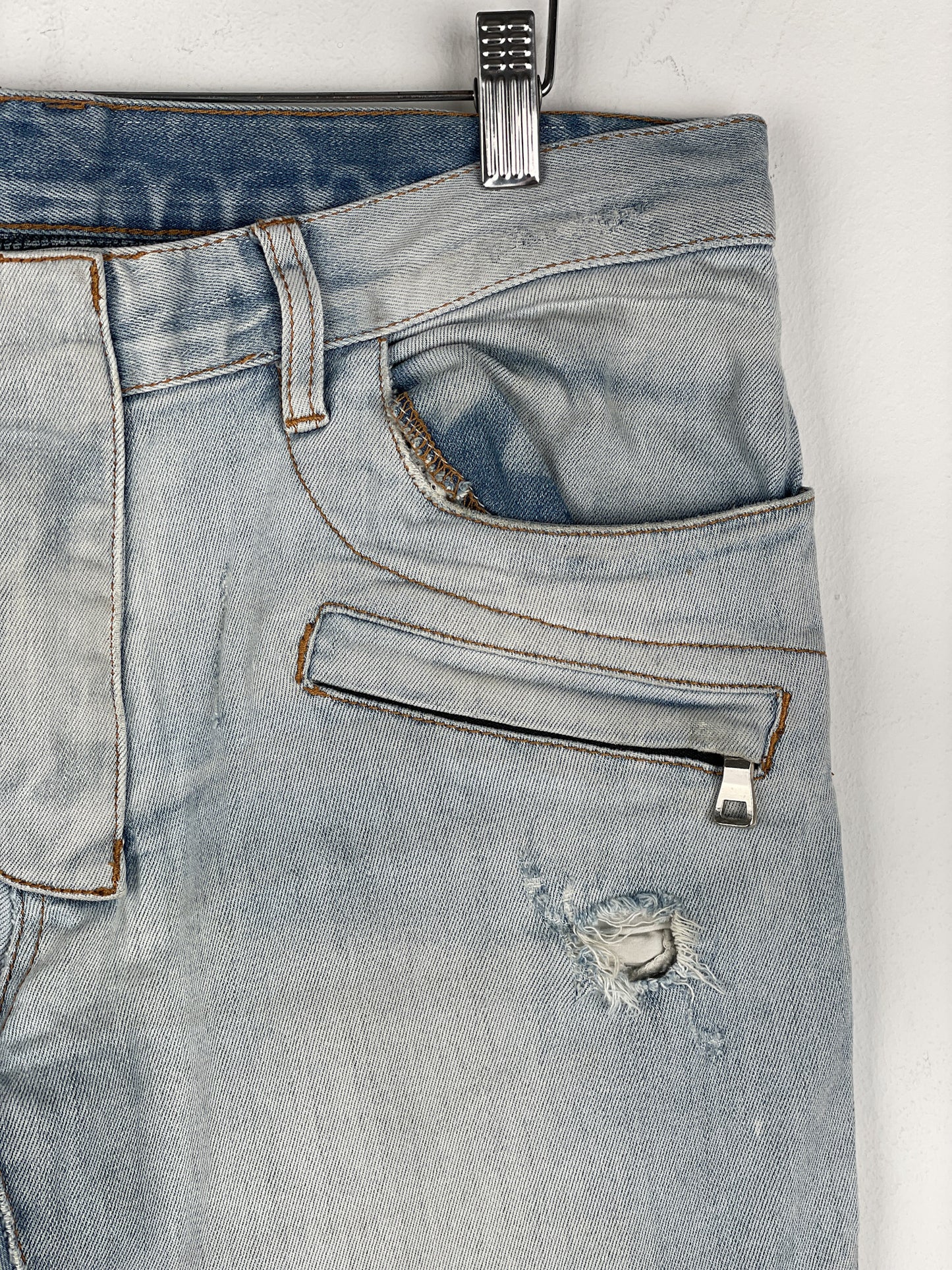 Balmain Light-Wash Distressed Biker Denim Jeans