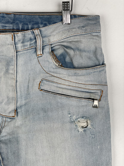 Balmain Light-Wash Distressed Biker Denim Jeans