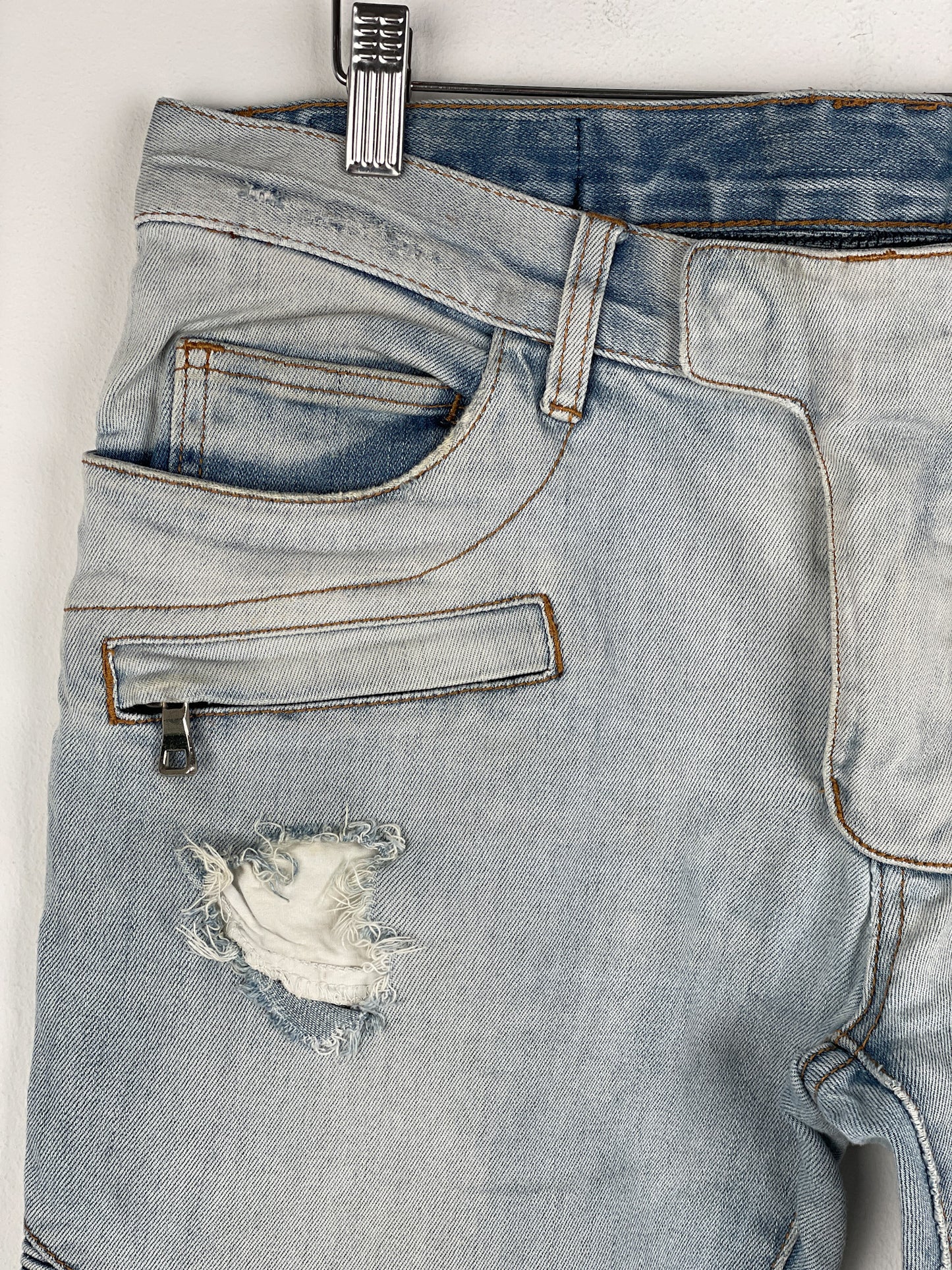 Balmain Light-Wash Distressed Biker Denim Jeans