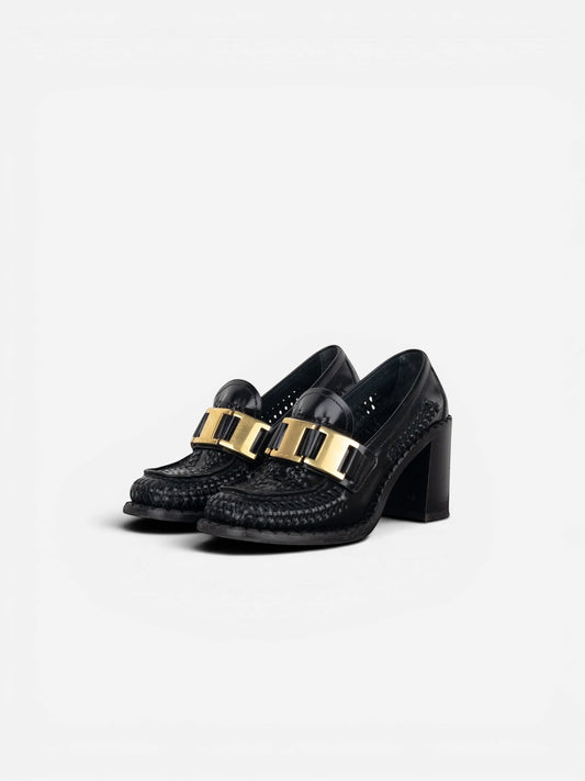 Prada Square Toe Buckle Loafer Pump Heels