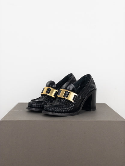 Prada Square Toe Buckle Loafer Pump Heels