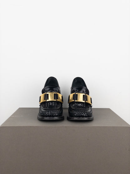 Prada Square Toe Buckle Loafer Pump Heels