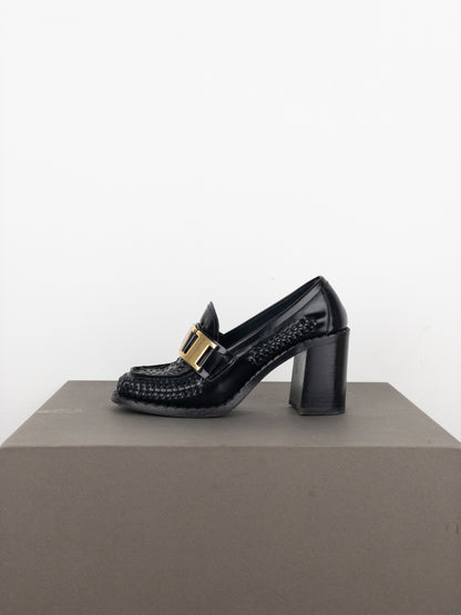 Prada Square Toe Buckle Loafer Pump Heels