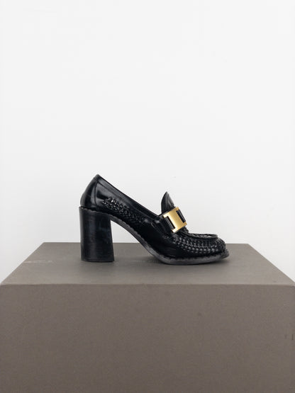 Prada Square Toe Buckle Loafer Pump Heels