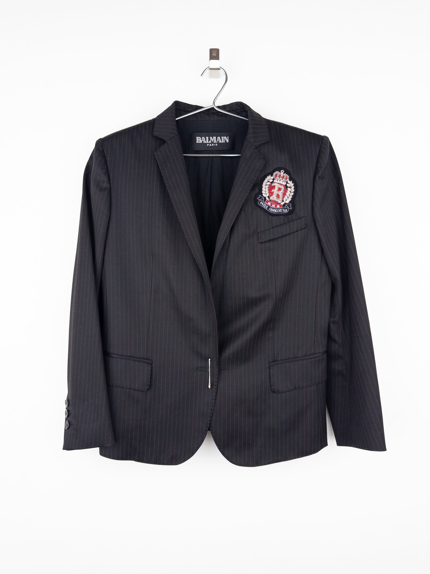 Balmain by Decarnin SS11 Safety Pin Embroidered Crest Badge Pinstripe Blazer