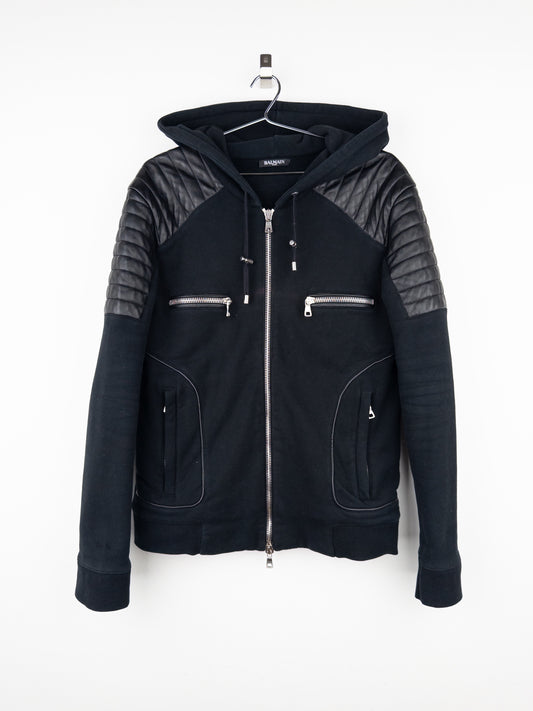 Balmain by Olivier Rousteing 2010s Leather Biker Zip-Hoodie