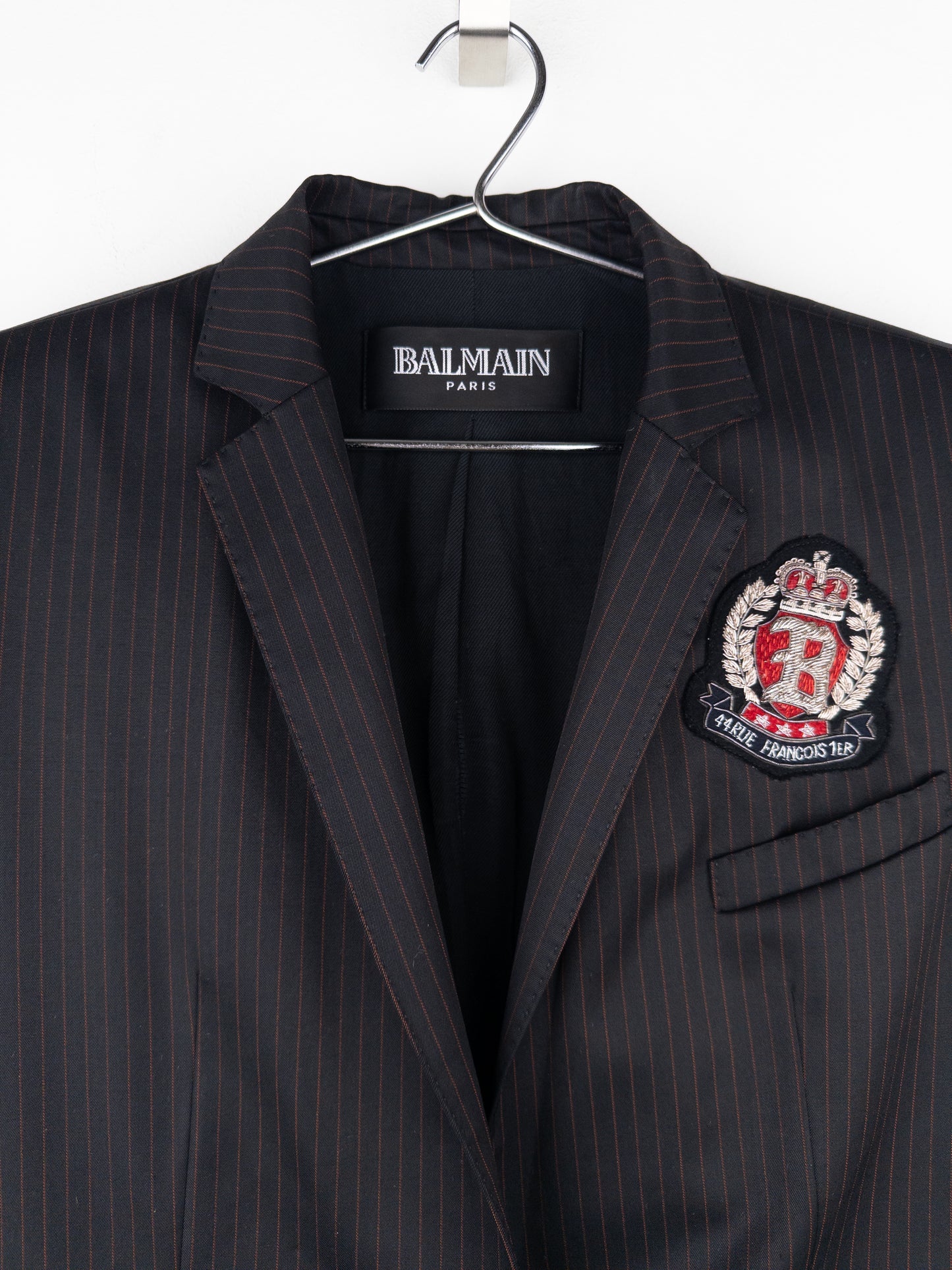 Balmain by Decarnin SS11 Safety Pin Embroidered Crest Badge Pinstripe Blazer