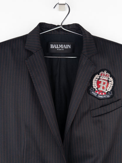 Balmain by Decarnin SS11 Safety Pin Embroidered Crest Badge Pinstripe Blazer