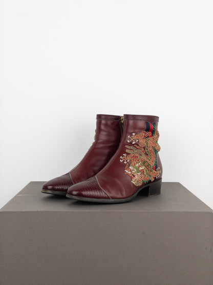 Gucci SS18 Lizard Skin Dragon Embroidery Ankle Boots