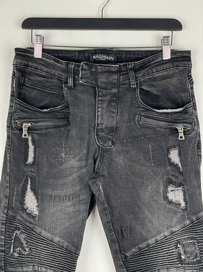 Balmain Repaired Biker Denim Jeans