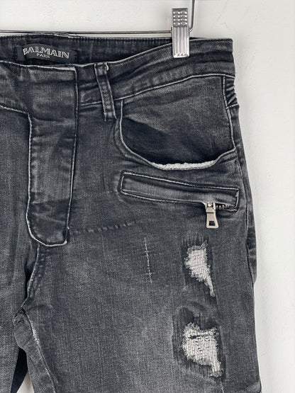 Balmain Repaired Biker Denim Jeans