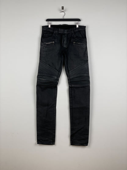 Balmain Leather-Panel Coated Biker Denim Jeans