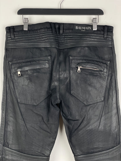 Balmain Leather-Panel Coated Biker Denim Jeans