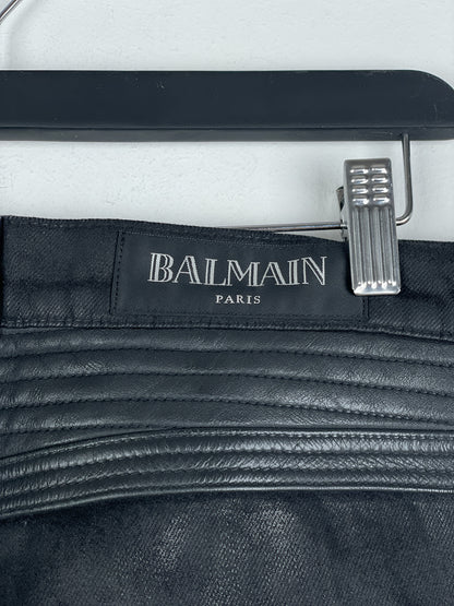 Balmain Leather-Panel Coated Biker Denim Jeans