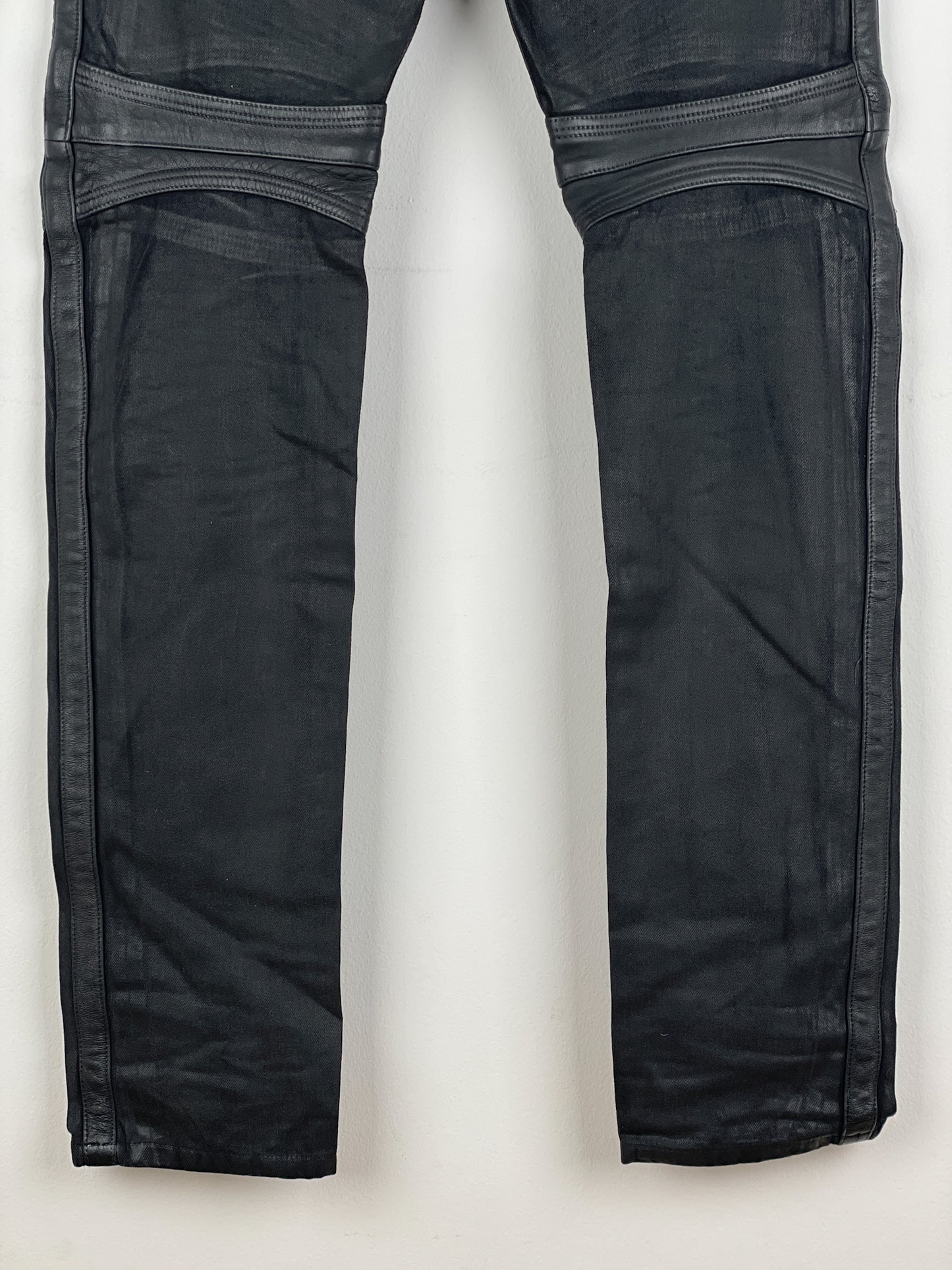 Balmain Leather-Panel Coated Biker Denim Jeans