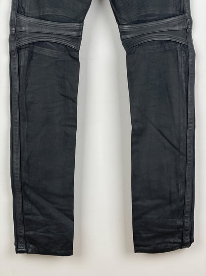 Balmain Leather-Panel Coated Biker Denim Jeans