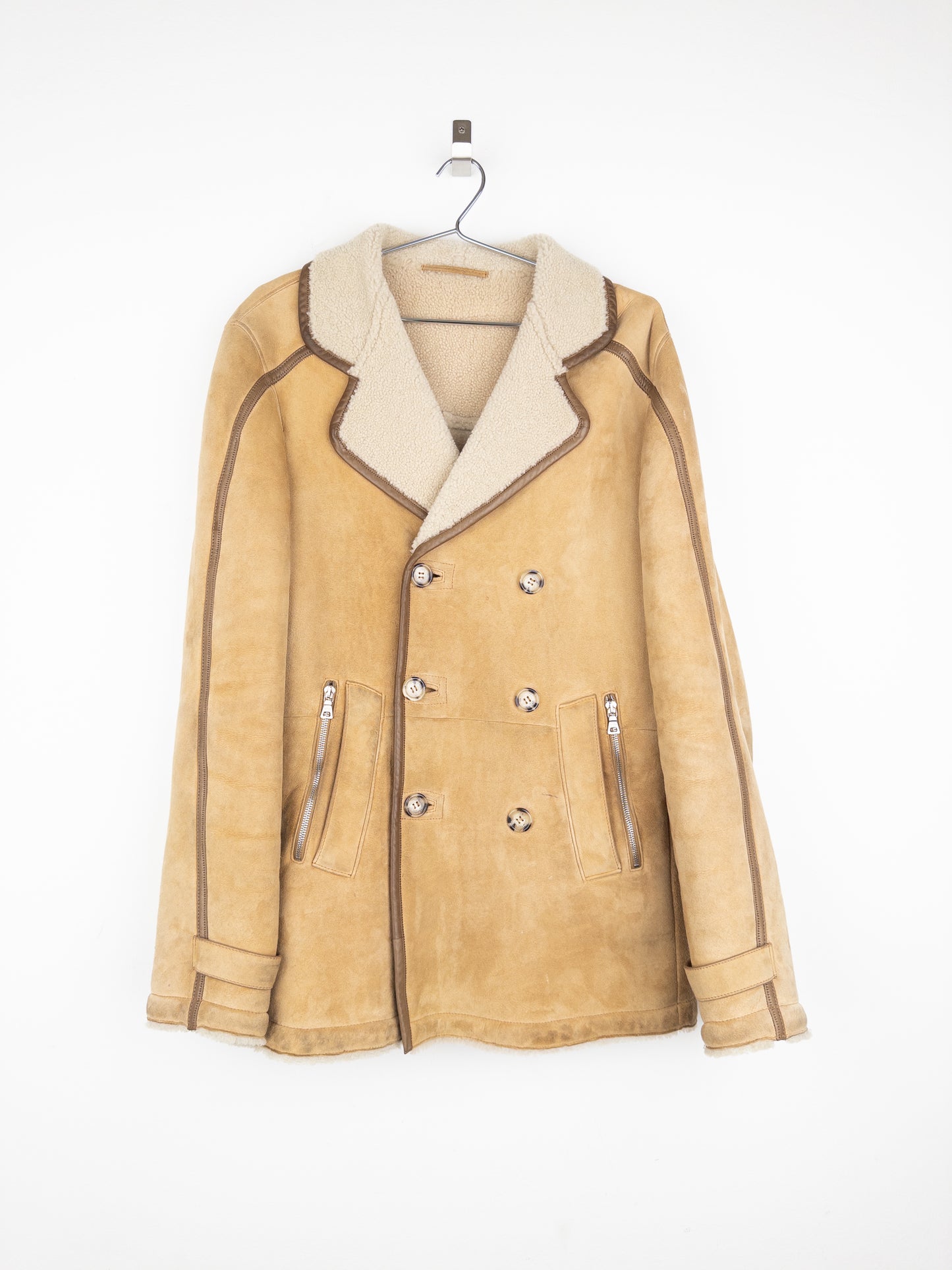 Prada AW05 Double Breasted Shearling Leather Pea Coat