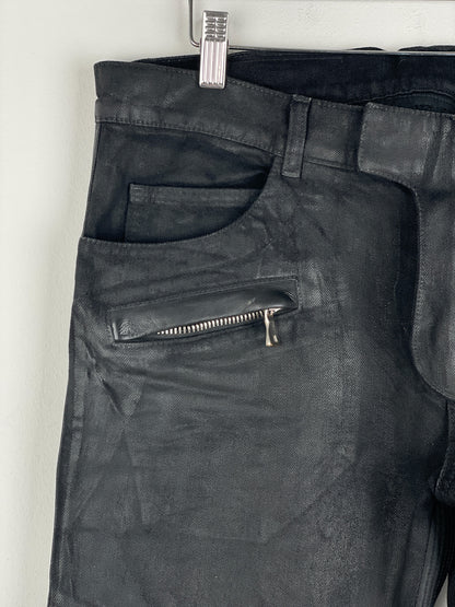 Balmain Leather-Panel Coated Biker Denim Jeans