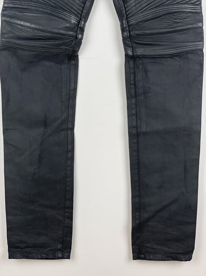 Balmain Leather-Panel Coated Biker Denim Jeans
