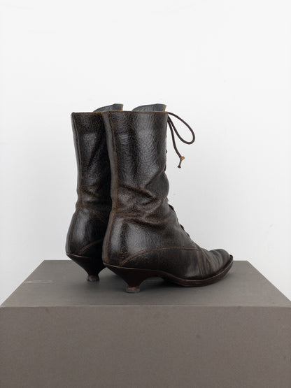Miu Miu AW01 Cracked Leather Lace-Up Kitten Heel Boots