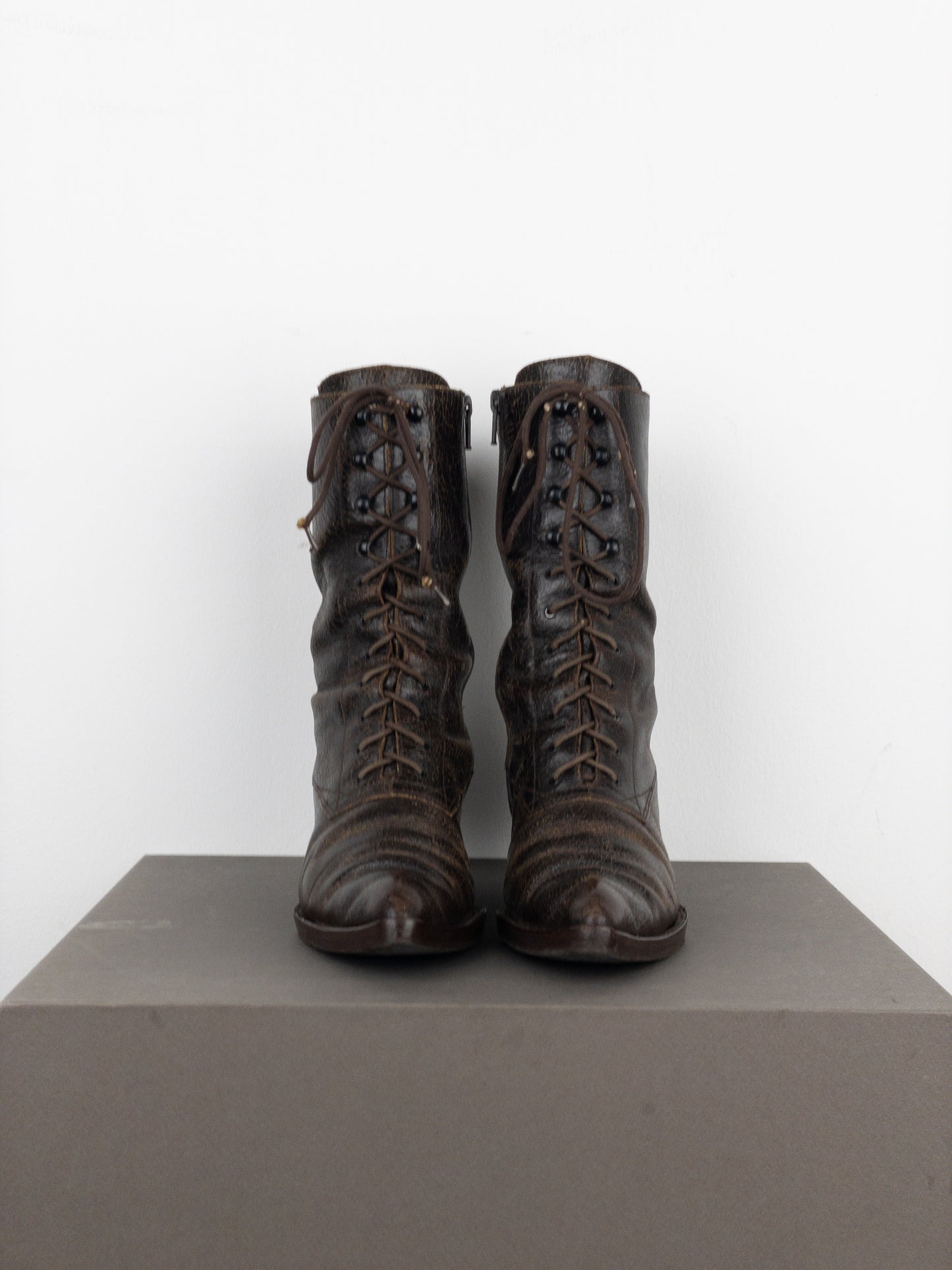 Miu Miu AW01 Cracked Leather Lace-Up Kitten Heel Boots