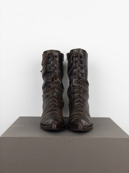 Miu Miu AW01 Cracked Leather Lace-Up Kitten Heel Boots